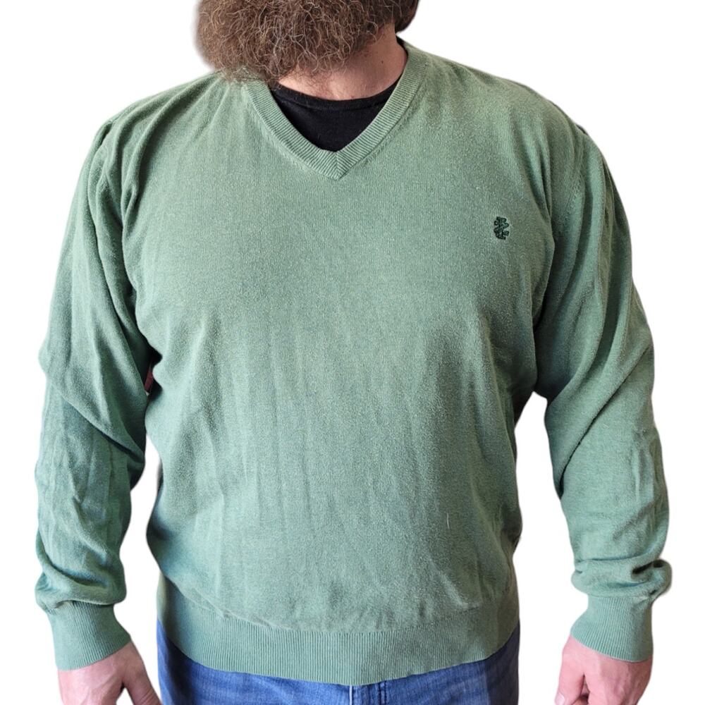 Izod  Mens XL Sage Green V Neck Sweater Cotton Preppy Casual Knit Pullover Logo